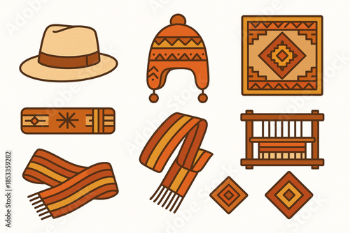 Ecuadorian Hats and Textiles Icon Set with Panama Hat, Andean Wool Hat, Poncho, Belt, Sash, Loom and Embroidery in Vector