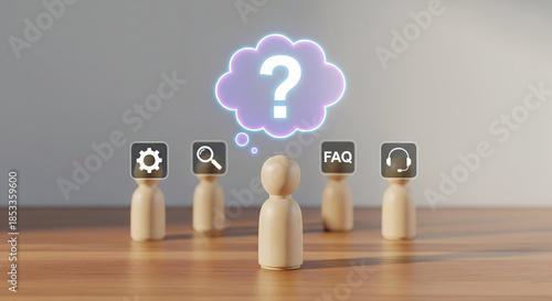 Wooden figures with service icons and question mark bubble representing customer support and frequently asked questions