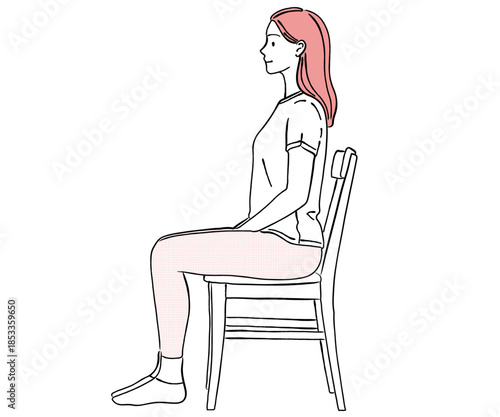 椅子に座り正しい姿勢を保つ女性の線画イラスト｜デスクワーク・姿勢改善