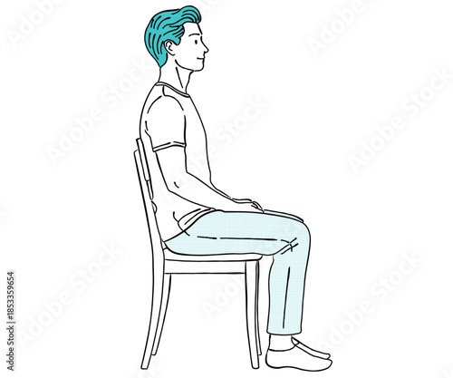 椅子に座り正しい姿勢を保つ男性の線画イラスト｜デスクワーク・座位・姿勢改善