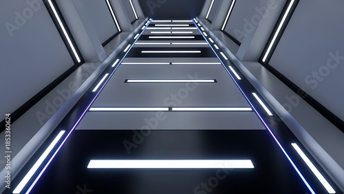 Futuristic Abstract Corridor Design with Sleek Metallic Surfaces and Vibrant Neon Lighting, Creating a High-Tech Pathway in a Sci-Fi Environment