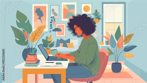 a woman who is working using her laptop at home as a remote worker or freelancer