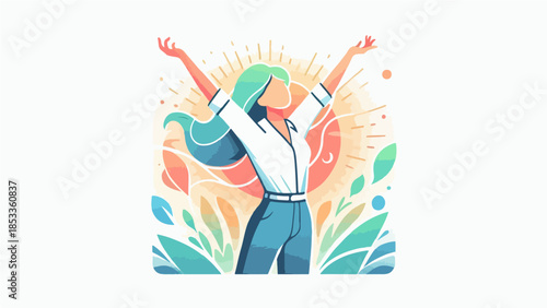 Happy Free Woman Raising Arms in Nature, Positive Energy and Self Confidence Flat Illustration