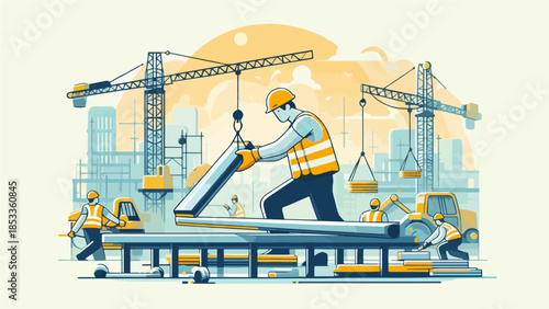 Construction Workers Assembling Steel Structure at Building Site, Modern Flat Illustration