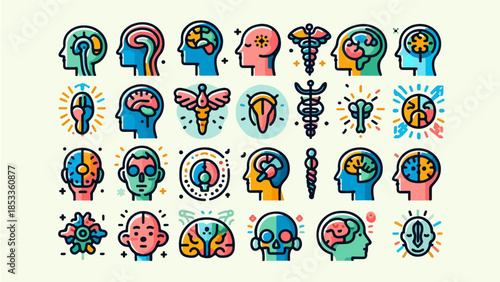 Human Brain and Neurology Icon Set with Medical and Psychology Symbols Flat Illustration
