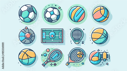 Sports Equipment Icon Set with Soccer Ball, Basketball, Tennis Racket, and Football Field Illustration