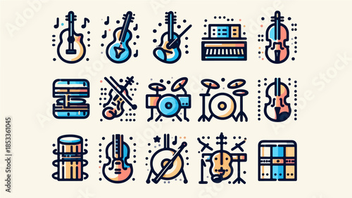 Music Instrument Icon Set with Guitar, Drum, Piano, and Violin in Modern Flat Style