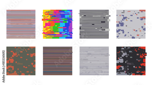 Set of eight abstract digital glitch art textures with pixelation and distortion effects