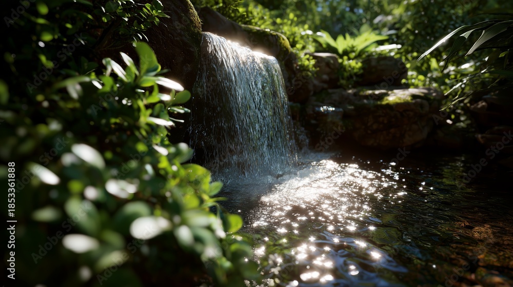 Obraz premium Small waterfall flowing over rocks in a lush green forest during sunny weather