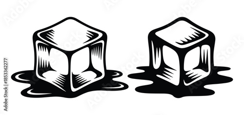 Melting ice cube, Ice cubes melting on a surface, Frozen water cubes turning into liquid puddles, Silhouette Ice Blocks Melting Water, Ice cube water pooling, Vector illustration