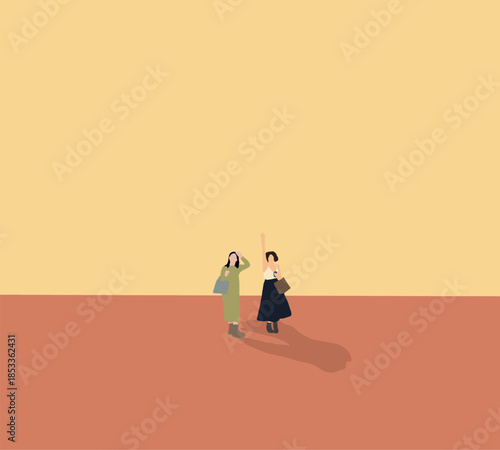 Happy women greeting and raising hand for call her friend meet to spend time together in modern city street.