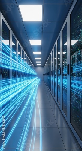 Data center corridor with server racks illuminating fast information streams and processing