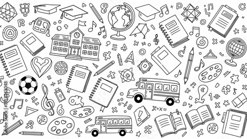 A Whimsical Black and White Doodled Pattern Celebrating Education and Learning with School Supplies and Symbols of Knowledge
