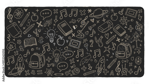 A Dazzling Display of Learning and Creativity Chalkboard Art Featuring School Supplies and Celestial Wonders