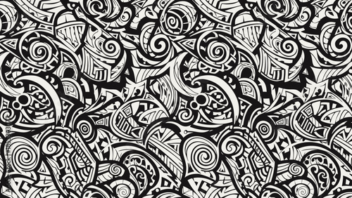 Abstract Black and White Tribal Pattern Design with Swirling Motifs and Geometric Shapes