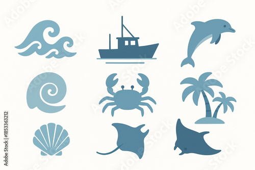 Ecuador Pacific Coast Icon Set with Waves, Fishing Boat, Seashells, Dolphin, Crab, Palm and Manta Ray in Vector