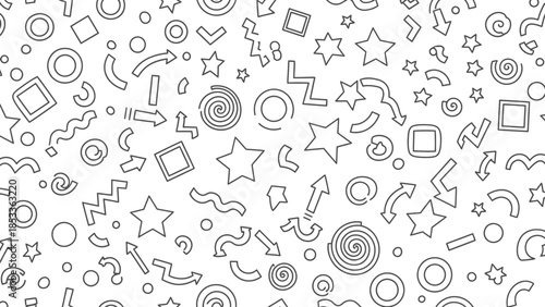 A seamless pattern of various doodle shapes including stars, arrows, circles, and squares on a white background.