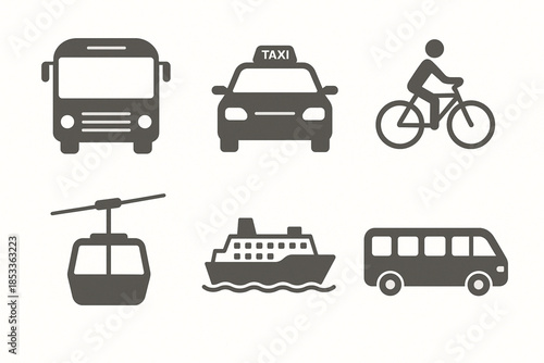 Ecuador Transportation Icon Set with Bus, Taxi, Bicycle, Cable Car, Ferry, Roadway and Airport Shuttle in Vector