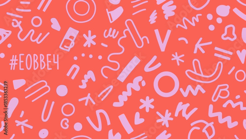 A vibrant coral background adorned with a playful pattern of light purple abstract doodles and symbols.