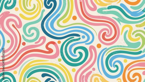 A vibrant and whimsical pattern featuring swirling lines and dots in a variety of bright colors on a cream background.