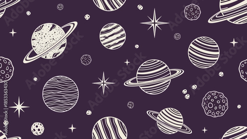 A whimsical, hand-drawn pattern featuring planets, stars, and celestial bodies on a deep purple background.