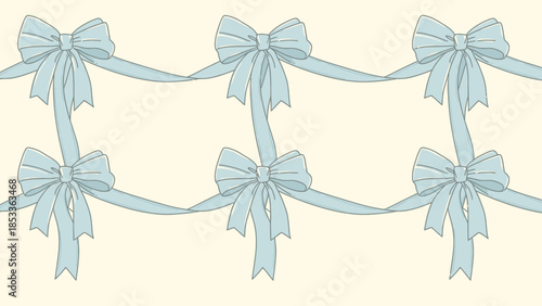 A repeating pattern of light blue bows and ribbons on a cream background.
