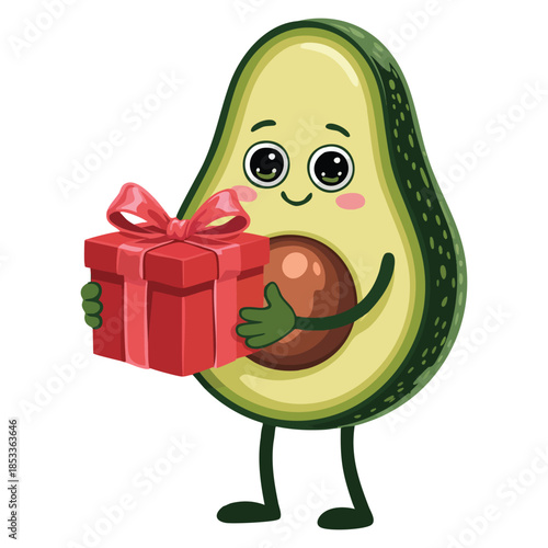 Adorable avocado character holding gift box with funny face vector illustration perfect for cheerful fruit themed designs greeting cards or stickers