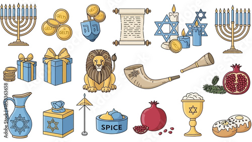 Jewish holiday icons: menorah, dreidel, scroll, shofar, pomegranate, donuts, gifts, lion, spice, jug, and more.