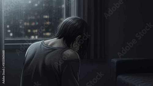 A person in a room, looking down, with a window and rain outside, feeling sad.