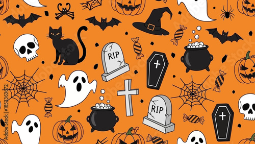 Halloween-themed pattern featuring pumpkins, ghosts, bats, skulls, cauldrons, tombstones, and a black cat on an orange background.