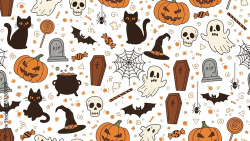 Halloween-themed pattern featuring pumpkins, ghosts, bats, cats, spiders, skulls, and other spooky elements.
