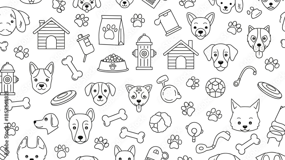 Fototapeta premium Black and white seamless pattern with various dog-related icons and elements.