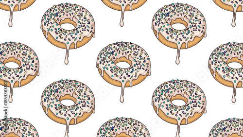 Pattern of donuts with white frosting and sprinkles on a white background.