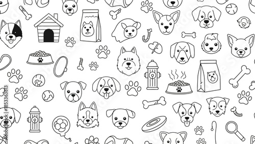 Black and white illustration of various dog-related objects and cute dog faces.