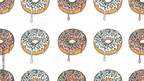 A repeating pattern of delicious donuts with colorful sprinkles and dripping icing.