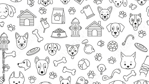 Black and white seamless pattern with various dog-related icons and elements.