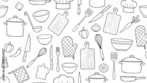A seamless pattern of hand-drawn kitchen utensils and ingredients, featuring pots, knives, cutting boards, and vegetables.