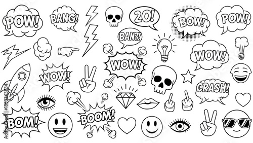 Black and white comic book elements, including speech bubbles, emojis, and various symbols.