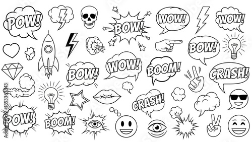 A collection of comic book style sound effect words and symbols, including POW, WOW, BOOM, and CRASH, along with emojis, a rocket, and a skull.