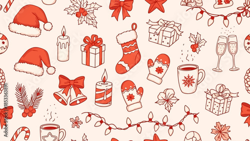 A festive and charming Christmas pattern featuring iconic holiday symbols in red and cream tones.