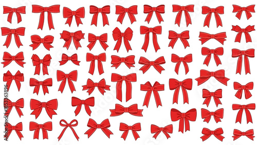 A large collection of various red bows, displayed in rows and columns against a white background.