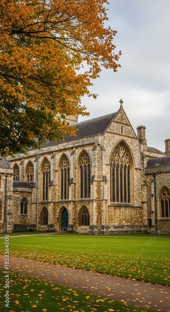 Fototapeta premium Autumnal Splendor: Historic Stone Building and Vibrant Trees against Cloudy Sky