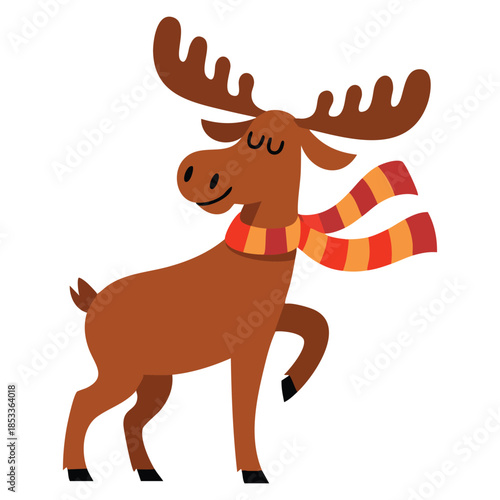 Arctic moose with horns wearing scarf cartoon style vector illustration suitable for cute wildlife winter or arctic themed design and educational creative artwork