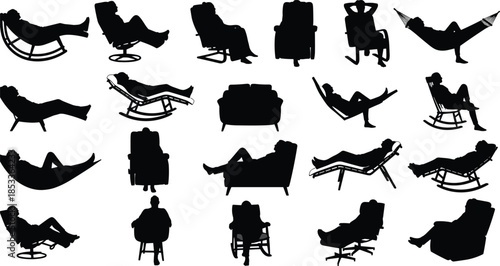 Relaxing people sitting and lying silhouettes vector illustration set showing rest, comfort, leisure chairs, hammock poses, relaxation lifestyle isolated on white background