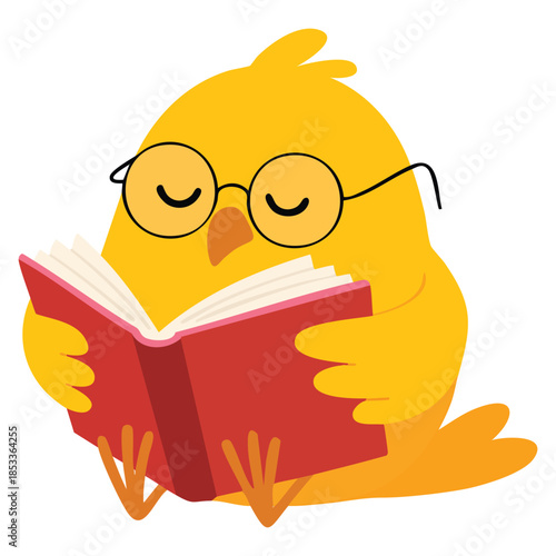 Baby chicken wearing glasses sitting and reading book cute cartoon bird vector illustration perfect for kids story educational or humorous creative designs