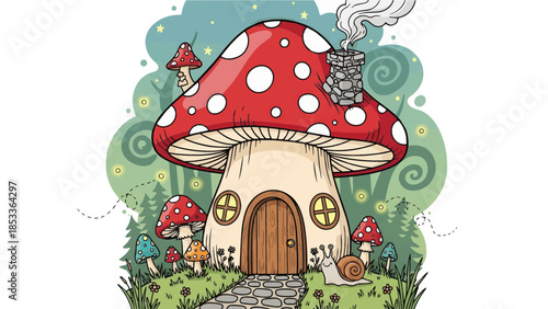fly agaric mushrooms in forest and grass cartoon illustration