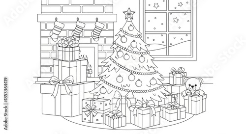 Christmas scene with tree presents and teddy bear by fireplace in a cozy indoor setting with holiday decorations and gifts