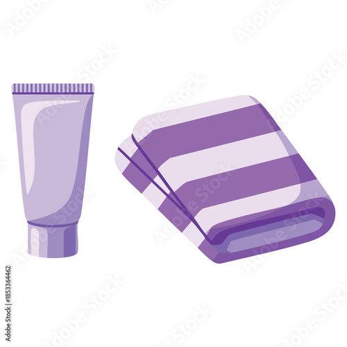 Bathroom set icon cosmetic tube and two rolled towels vector illustration suitable for skincare, beauty, body care routines, and health themes