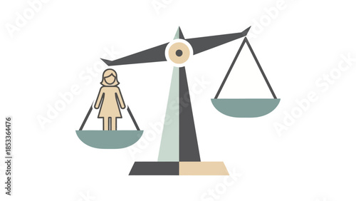 Woman on scales of justice with balanced weight on right side