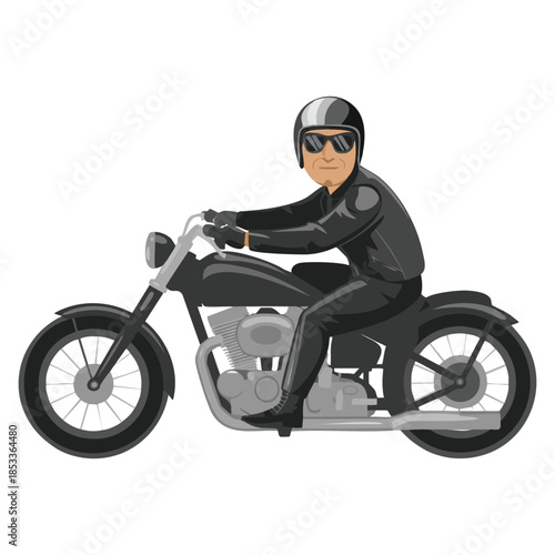 Bearded man riding motorcycle side view male biker character in black leather clothes and helmet driving chopper vector illustration cartoon style